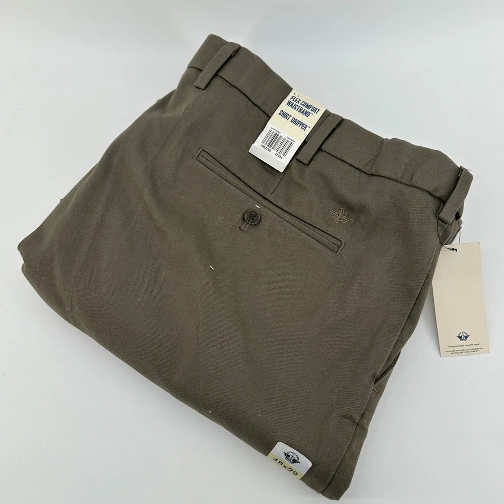 Dockers Pleated Khaki Pants Mens 48x29 Brown Classic Fit Stretch Flex Waistband